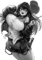 Rule 34 | 1girl, :d, absurdres, blush, breasts, collared shirt, gibagiba, greyscale, hat, highres, jacket, large breasts, long hair, long sleeves, looking at viewer, mole, mole under eye, monochrome, navel, off shoulder, one eye closed, open clothes, open jacket, open mouth, original, shirt, short shorts, shorts, single bare shoulder, smile, thighs