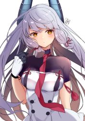 Rule 34 | akabuchi megane, bodysuit, bodysuit under clothes, breasts, gloves, headgear, highres, kantai collection, long hair, looking at viewer, medium breasts, murakumo (kancolle), necktie, short sleeves, sidelocks, simple background, two-tone gloves, white hair, yellow eyes