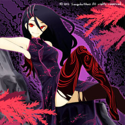 Rule 34 | 1girl, 2012, abstract background, black hair, branch, character request, china dress, chinese clothes, dated, dress, gloves, half gloves, knee up, legs, long hair, looking at viewer, lowres, patterned legwear, poaro, print thighhighs, red eyes, sengoku wars, solo, thighhighs, thighs, torn clothes, torn thighhighs