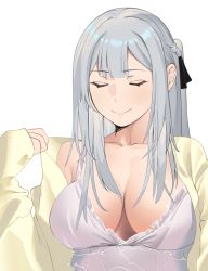 Rule 34 | 1girl, absurdres, ak-12 (girls&#039; frontline), black ribbon, braid, breasts, closed eyes, closed mouth, collarbone, commentary, english commentary, girls&#039; frontline, grey hair, hair ribbon, highres, long hair, medium breasts, nightgown, open clothes, open robe, ribbon, robe, side braid, smile, solo, talnory, upper body, white background, white nightgown, yellow robe