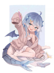 Rule 34 | 1girl, absurdres, ahoge, aqua eyes, blue hair, chibi, choker, dragon tail, dragon wings, dress, fangs, hair ornament, hairclip, highres, horns, indie virtual youtuber, long hair, looking at viewer, midori xu, off shoulder, open mouth, panties, paper, paroniie (vtuber), pendant choker, scales, shadow, sidelocks, simple background, sleeves past fingers, sleeves past wrists, striped clothes, striped panties, sweater, swept bangs, tail, test tube, thighhighs, underwear, virtual youtuber, white choker, white dress, white thighhighs, wings