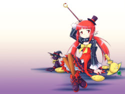 Rule 34 | 00s, 1girl, cat, collar, dungeon and fighter, earrings, elf, fang, female focus, full body, gradient background, hat, highres, jewelry, mage (dungeon and fighter), neople, pantyhose, pointy ears, red eyes, red hair, sitting, solo, staff, top hat, wallpaper, yoshi (crossmind)