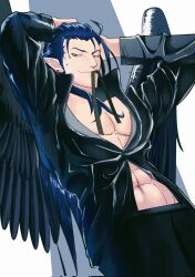 Rule 34 | 1boy, abs, arms on head, bird boy, black pants, black shirt, black wings, blue hair, closed mouth, commentary request, earrings, fire emblem, fire emblem: path of radiance, highres, hoop earrings, jewelry, long hair, male focus, naesala1063, naesala (fire emblem), nintendo, pants, pectoral cleavage, pectorals, pointy ears, purple eyes, shirt, solo, wings