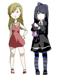 Rule 34 | 2girls, bad id, bad pixiv id, black dress, blonde hair, bow, bracelet, dress, earrings, gothic lolita, hair bow, honekoneko (psg), jewelry, lolita fashion, multicolored hair, multiple girls, necklace, panty &amp; stocking with garterbelt, panty (psg), pantyhose, parody, red dress, red skirt, siblings, sisters, skirt, stocking (psg), striped clothes, striped legwear, striped pantyhose, stuffed animal, stuffed cat, stuffed toy, style parody, thighhighs, two-tone hair