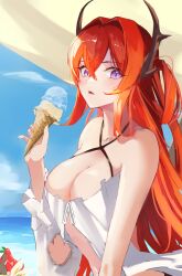 Rule 34 | 1girl, absurdres, arknights, bare shoulders, bikini, blue sky, cloud, commentary request, criss-cross halter, day, food, hair between eyes, hair intakes, halterneck, highres, holding, holding food, ice cream, long hair, looking at viewer, navel, nekomatamago, official alternate costume, open mouth, purple eyes, red hair, sky, solo, stomach, surtr (arknights), surtr (colorful wonderland) (arknights), swimsuit, upper body, very long hair, white bikini