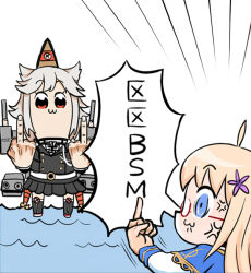 Rule 34 | 10s, 2girls, bismarck (warship girls r), bkub (style), blonde hair, chinese text, double middle finger, glasses, grey hair, hair ornament, hood (warship girls r), long hair, middle finger, military, military uniform, multiple girls, poptepipic, red eyes, rigging, translation request, turret, uniform, warship girls r, y.ssanoha