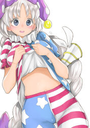 Rule 34 | 1girl, american flag dress, american flag legwear, blush, braid, breasts, cameltoe, chikado, cleft of venus, clothes lift, clownpiece, clownpiece (cosplay), colored eyelashes, cosplay, cowboy shot, dress, dress lift, gluteal fold, grey eyes, hat, highres, jester cap, large breasts, lifting own clothes, long hair, looking at viewer, lunatic gun, navel, neck ruff, pantyhose, polka dot, purple hat, simple background, single braid, solo, star (symbol), star print, stomach, striped, sweat, touhou, very long hair, white background, white hair, yagokoro eirin