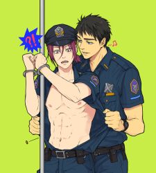 Rule 34 | 10s, 2boys, abs, assisted exposure, bad id, bad pixiv id, black hair, cuffs, free!, future fish, green background, green eyes, handcuffs, hat, male focus, matsuoka rin, multiple boys, musical note, open clothes, open shirt, pole, police, police hat, police uniform, red eyes, red hair, sharp teeth, shirt, spoken musical note, teeth, twoframe, uniform, watch, wristwatch, yamazaki sousuke, yaoi