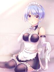 Rule 34 | 1girl, alternate costume, apron, black skirt, black thighhighs, blue hair, blush, bow, bowtie, breasts, chaos;head, cleavage, collarbone, detached collar, detached sleeves, elbow gloves, enmaided, frilled skirt, frilled thighhighs, frills, gloves, hair between eyes, highres, kishimoto ayase, looking at viewer, maid, maid headdress, medium breasts, miniskirt, nishijou myu, open mouth, red eyes, short hair, sitting, skirt, solo, thighhighs, white apron, white bow, white bowtie, white sleeves, wing collar, zettai ryouiki