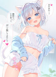 Rule 34 | 1girl, animal ear fluff, animal ears, bare shoulders, bloomers, blue cardigan, blue eyes, breasts, camisole, cardigan, cat ears, cat girl, cat tail, clothes down, fang, grey hair, highres, long sleeves, looking at viewer, medium breasts, navel, no panties, open cardigan, open clothes, open mouth, original, ryouka (suzuya), short hair, sleeves past wrists, stomach, strap pull, strap slip, tail, translation request, underwear, white bloomers, white camisole, white hair