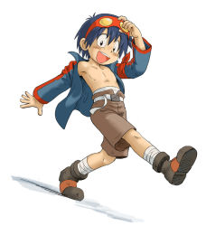 Rule 34 | 00s, 1boy, blue hair, blush, boots, child, full body, goggles, goggles on head, male focus, mitsui jun, open mouth, simon (ttgl), simple background, smile, solo, tengen toppa gurren lagann, topless male, white background