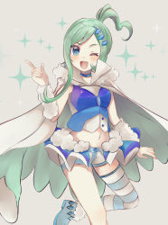 Rule 34 | 1girl, ;d, arm warmers, blue eyes, blush, boots, buttons, cape, commentary request, creatures (company), eyelashes, game freak, green hair, hair ornament, hand up, highres, index finger raised, leg up, lisia (pokemon), long hair, looking at viewer, nasakixoc, nintendo, one eye closed, open mouth, overskirt, pokemon, pokemon oras, ponytail, shirt, shorts, shorts under skirt, sidelocks, single thighhigh, sleeveless, sleeveless shirt, smile, solo, striped clothes, striped thighhighs, teeth, thighhighs, upper teeth only
