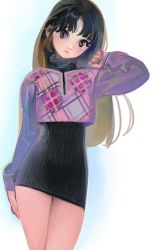 Rule 34 | 1girl, adjusting hair, arm at side, black dress, brown eyes, closed mouth, cowboy shot, dress, frown, hand up, head tilt, highres, long hair, long sleeves, looking at viewer, original, purple sweater, ribbed dress, solo, sweater, turtleneck, turtleneck dress, white background, yeono0