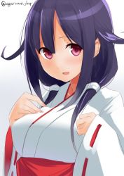 Rule 34 | 10s, 1girl, agarwood, ahoge, alternate costume, blush, breasts, hakama, hakama skirt, japanese clothes, kantai collection, large breasts, long hair, long sleeves, looking at viewer, low twintails, miko, one-hour drawing challenge, parted lips, purple hair, red eyes, ribbon-trimmed sleeves, ribbon trim, ryuuhou (kancolle), skirt, smile, solo, taigei (kancolle), twintails, twitter username, upper body, wide sleeves