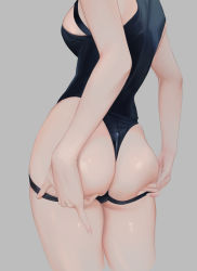 Rule 34 | 1girl, absurdres, ass, bbul horn, black one-piece swimsuit, breasts, commentary, drawing, female focus, from behind, grey background, hands on ass, head out of frame, highres, medium breasts, one-piece swimsuit, original, simple background, solo, standing, swimsuit, thigh strap