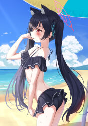 Rule 34 | 1girl, absurdres, adjusting hair, animal ear fluff, animal ears, ass, beach, beach umbrella, bikini, black bikini, blue archive, blush, breasts, cat ears, cat girl, cowboy shot, extra ears, frilled bikini, frills, from side, halo, halterneck, highres, leaning forward, long hair, looking at viewer, nedia (nedia region), ocean, off-shoulder bikini, off shoulder, official alternate costume, parted lips, pink halo, red eyes, serika (blue archive), serika (swimsuit) (blue archive), sideways glance, small breasts, solo, spaghetti strap, swimsuit, twintails, umbrella, very long hair