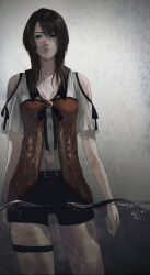 Rule 34 | 1girl, bare shoulders, belt, black shorts, breasts, brown eyes, brown hair, cleavage, clothing cutout, commentary request, cowboy shot, facing viewer, fatal frame, fatal frame 5, gauss &lt;bokashi, highres, kozukata yuuri, leg belt, medium breasts, medium hair, parted lips, partially submerged, shorts, shoulder cutout, solo, water, wet