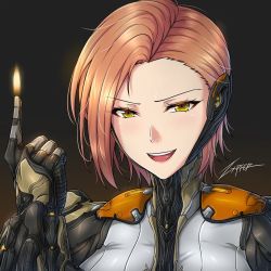 Rule 34 | &gt;:), 1girl, artist name, bodysuit, brown hair, ember (warframe), fire, fire, grin, hand up, humanization, looking at viewer, short hair, simple background, smile, solo, teeth, upper body, upper teeth only, warframe, yellow eyes, zxpfer