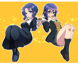 Rule 34 | 2girls, absurdres, black-framed eyewear, black dress, black footwear, black jacket, black legwear, blouse, blue eyes, blue hair, boots, bow, bowtie, bread, breasts, brown footwear, buttons, ciel (tsukihime), closed mouth, commentary request, dress, eating, food, food in mouth, food on face, glasses, green bow, green neckwear, grey skirt, habit, hair between eyes, highres, holding, holding food, itsuka neru, jacket, long sleeves, looking at viewer, medium breasts, miniskirt, multiple girls, nun, open clothes, open jacket, parted bangs, plate, pleated skirt, shirt, shoes, short hair, sidelocks, sitting, skirt, smile, spoon, thighs, traditional nun, tsukihime, tsukihime (remake), utensil in mouth, vest, white shirt, yellow background, yellow vest