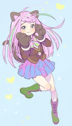 Rule 34 | 10s, 1girl, animal ears, animal hands, aqua eyes, blazer, blue background, boots, cat ears, cat tail, cross-laced footwear, gloves, hashimoto nyaa, heart, highres, jacket, kima, knee boots, lace-up boots, multicolored hair, osomatsu-san, paw gloves, pink hair, school uniform, simple background, smile, solo, streaked hair, tail