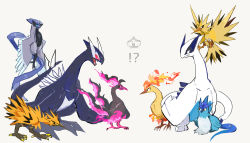 Rule 34 | !?, animal focus, articuno, beak, bird, claws, commentary request, creatures (company), fire, galarian articuno, galarian form, galarian moltres, galarian zapdos, game freak, gen 1 pokemon, gen 2 pokemon, gen 8 pokemon, legendary pokemon, looking at another, lugia, moltres, nintendo, no humans, open mouth, pokemon, pokemon (creature), pokemon xd, red eyes, shadow lugia, simple background, tail, talons, ytot 335, zapdos
