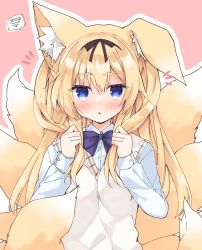 Rule 34 | 1girl, :&lt;, animal ears, blonde hair, blue eyes, blue shirt, blush, bow, breasts, collared shirt, commentary request, dress shirt, fox ears, fox girl, fox tail, hair between eyes, hands up, highres, holding, holding own hair, kitsune, long hair, looking at viewer, notice lines, original, outline, parted lips, pink background, purinpurin, purple bow, shirt, short eyebrows, small breasts, solo, spoken squiggle, squiggle, sweater vest, tail, thick eyebrows, triangle mouth, twitter username, two side up, upper body, very long hair, white outline