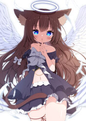 Rule 34 | 1girl, absurdres, angel wings, animal ear fluff, animal ears, bare shoulders, black skirt, blue eyes, bow, braid, brown hair, cowboy shot, frilled skirt, frills, g4ku, hair bow, halo, heart, heart-shaped pupils, highres, index finger raised, long hair, looking at viewer, navel, open mouth, original, side braid, single braid, skirt, solo, standing, symbol-shaped pupils, thighs, white background, white bow, white wings, wings