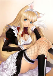 Rule 34 | 10s, 1girl, absurdres, animal ears, apron, ass, blonde hair, boots, bow, breasts, cleavage, cleavage cutout, clothing cutout, copyright name, fishnet thighhighs, fishnets, fox ears, fox tail, frilled thighhighs, frills, green eyes, highres, long hair, lorna (shining hearts), maid, maid apron, maid headdress, puffy sleeves, ribbon, sega, shining (series), shining hearts, shiny skin, shirt, sitting, smile, solo, tail, taut clothes, taut shirt, thighhighs, tony taka