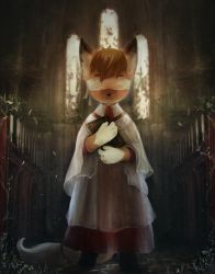 Rule 34 | 1boy, animal ears, bible (object), blindfold, body fur, book, brown fur, brown hair, capelet, church, dark, fox ears, fox tail, full body, furry, furry male, highres, holding, holding book, indoors, male focus, original, robe, short hair, solo, standing, tail, totatetta