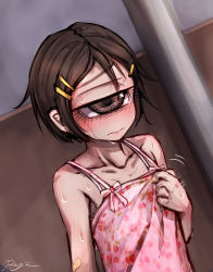 Rule 34 | 1girl, bandaid, bandaid on arm, bare shoulders, blush, brown hair, camisole, closed mouth, cyclops, dress, dutch angle, hair ornament, hairclip, hitomebore, looking at viewer, one-eyed, pink dress, ray-k, short hair, signature, solo, sweat, usui sachi