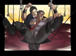 Rule 34 | 2boys, adachi tooru, bara, blush, booty electric, clenched teeth, doujima ryoutarou, feet, forced, male focus, multiple boys, naughty face, necktie, persona, restrained, socks, sweat, teeth, toes, torn clothes, undressing, yaoi