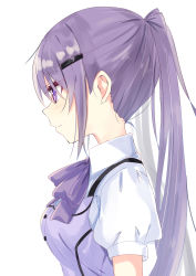 Rule 34 | 1girl, blouse, blush, bow, breasts, closed mouth, collared shirt, commentary request, from side, gochuumon wa usagi desu ka?, hair between eyes, hair ornament, hairclip, highres, hizaka, long hair, medium breasts, ponytail, puffy short sleeves, puffy sleeves, purple bow, purple eyes, purple hair, purple vest, rabbit house uniform, shirt, short sleeves, sidelocks, simple background, smile, solo, tedeza rize, uniform, upper body, vest, waitress, white background, white shirt