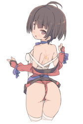 Rule 34 | 10s, 1girl, ahoge, ass, back, bandages, bare shoulders, blade (galaxist), blush, brown hair, choker, clothes lift, female focus, fingerless gloves, from behind, fundoshi, gloves, japanese clothes, koutetsujou no kabaneri, looking at viewer, looking back, mumei (kabaneri), red eyes, ribbon choker, short hair, skirt, skirt lift, solo, white background