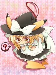 Rule 34 | 1girl, :o, ?, animal ears, apron, asyuaffw, blonde hair, blush, bow, bowing, braid, chibi, creatures (company), dress, ears through headwear, frilled dress, frills, game freak, gen 1 pokemon, hair bow, hat, hat bow, highres, kirisame marisa, large bow, long hair, looking down, maid apron, nintendo, ornament, parody, pikachu, pokemon, pokemon (creature), puffy sleeves, ribbon, sash, short sleeves, single braid, solo, spoken question mark, star (symbol), starry background, string, tail, touhou, triangle mouth, witch hat, yellow eyes