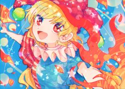 Rule 34 | 1girl, american flag dress, blonde hair, clownpiece, dress, fairy, fairy wings, fire, hat, itomugi-kun, jester cap, long hair, open mouth, outstretched arms, pink hat, polka dot, polka dot headwear, red eyes, short sleeves, smile, solo, spread arms, star (symbol), star in eye, striped clothes, striped dress, symbol in eye, touhou, upper body, wings