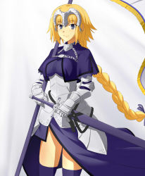 Rule 34 | 1girl, armor, armored dress, banner, blonde hair, blue dress, blue ribbon, blue thighhighs, braid, chain, cowboy shot, dress, fate/apocrypha, fate (series), floating hair, gauntlets, grey eyes, hair ribbon, highres, holding, holding sheath, holding weapon, jack-barro, jeanne d&#039;arc (fate), jeanne d&#039;arc (ruler) (fate), long hair, looking at viewer, low-tied long hair, ponytail, ribbon, sheath, single braid, smile, solo, standing, thighhighs, very long hair, weapon