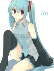 Rule 34 | 1girl, 39, aqua hair, boots, detached sleeves, hatsune miku, highres, long hair, loose necktie, narcissus1o, nata ichio, necktie, sitting, skirt, solo, thigh boots, thighhighs, twintails, undone necktie, very long hair, vocaloid, white background