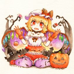 Rule 34 | 1girl, :d, animal print, bare shoulders, bat print, blonde hair, bow, candy, chocolate, collarbone, colored pencil (medium), dated, fangs, flandre scarlet, food, gloves, halloween, halloween costume, hat, hat bow, highres, jack-o&#039;-lantern, midriff, mob cap, navel, open mouth, painting (medium), pantyhose, print pantyhose, red gloves, shiro tsugumi, short sleeves, side ponytail, sitting, smile, solo, touhou, traditional media, wariza, watercolor (medium), watercolor pencil (medium), wings