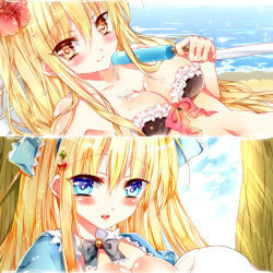 Rule 34 | 1girl, :d, alice (alice in wonderland), alice in wonderland, bad id, bad pixiv id, bariko, beach, blonde hair, blue eyes, breasts, cleavage, close-up, dripping, food, hair ornament, heart, heart hair ornament, horizon, ice cream, melting, navel, ocean, open mouth, outdoors, popsicle, sand, smile, upper body, water, yellow eyes