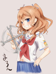 Rule 34 | 10s, 1girl, afterimage, akino shuu, blue eyes, blue skirt, blush, character name, character request, cowboy shot, grey background, hair ribbon, hand on own hip, high school fleet, light brown hair, motion lines, navel, neckerchief, ribbon, sailor collar, shirt, simple background, skirt, solo, spinning, standing, tareme, translation request, wavy hair, white shirt, wrench, yanagiwara maron