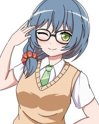Rule 34 | 1girl, ;), asahi rokka, bang dream!, black-framed eyewear, blue hair, blush, breasts, brown sweater vest, closed mouth, collared shirt, commentary request, diagonal-striped clothes, diagonal-striped necktie, glasses, green eyes, green necktie, hand up, haneoka school uniform, highres, looking at viewer, low-tied medium hair, medium breasts, medium hair, necktie, one eye closed, red scrunchie, school uniform, scrunchie, seiso-kei yurufuwa bishoujo, shirt, short sleeves, sidelocks, simple background, smile, striped clothes, summer uniform, sweater vest, upper body, white background, white shirt