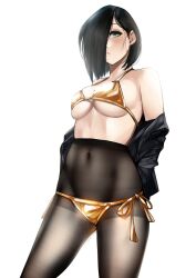 Rule 34 | 1girl, absurdres, arms behind back, bare shoulders, bikini, bikini over clothes, black hair, black jacket, black pantyhose, blush, breasts, closed mouth, commentary, covered navel, english commentary, gold bikini, grey eyes, hair over one eye, highres, jacket, legs apart, looking at viewer, medium breasts, mole, mole above eye, mole on breast, mole under mouth, off shoulder, one eye covered, open clothes, open jacket, pantyhose, pupi (rain prophet), side-tie bikini bottom, simple background, solo, standing, swimsuit, white background