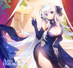 Rule 34 | 1girl, alcohol, apple caramel, azur lane, bare shoulders, belfast (azur lane), belfast (the noble attendant) (azur lane), blue bow, blue dress, blue gloves, blurry, blurry background, bow, braid, breasts, champagne, champagne flute, character name, cleavage, cleavage cutout, closed mouth, clothing cutout, commentary request, copyright name, cup, curtains, depth of field, dress, drinking glass, earrings, elbow gloves, gloves, hair between eyes, hair bow, halter dress, halterneck, head tilt, highres, holding, holding cup, indoors, jewelry, large breasts, long hair, purple eyes, railing, smile, solo, stairs, stairwell, stud earrings, thighs, very long hair, white hair