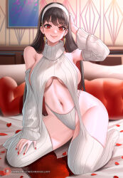 Rule 34 | 1girl, arm up, black hair, blush, breasts, closed mouth, commentary, detached sleeves, earrings, english commentary, enma (enmanuelart), eyelashes, hairband, hand on own thigh, heart, heart-shaped pillow, highleg, highleg panties, highres, indoors, jewelry, kneeling, large breasts, leaning to the side, long hair, long sleeves, looking at viewer, meme attire, navel, nostrils, on bed, panties, patreon logo, patreon username, petals, pillow, red eyes, red nails, smile, solo, spy x family, thighs, turtleneck, underboob, underwear, virgin destroyer sweater, watermark, web address, white hairband, white panties, yor briar