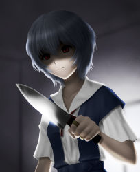 Rule 34 | 00s, 1girl, ayanami rei, bad id, bad pixiv id, bandaid, bandaid on hand, blue hair, blurry, crossover, depth of field, evangelion: 2.0 you can (not) advance, holding, holding knife, jewelry, knife, neon genesis evangelion, pale skin, rebuild of evangelion, red eyes, ring, school uniform, shade, siraha, solo, spoilers, upper body, yandere