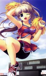 Rule 34 | 1girl, ;d, arm up, armpits, bike shorts, blue eyes, breasts, cheerleader, cleavage, cloud, day, grey hair, hair ribbon, highres, jumping, large breasts, long hair, midriff, navel, one eye closed, open mouth, outdoors, pom pom (cheerleading), ponytail, ribbon, scan, scan artifacts, shoes, sideboob, skirt, sky, smile, sneakers, solo, spandex, wink, wristband