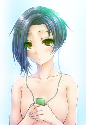 Rule 34 | 1girl, cable, completely nude, digital media player, female focus, gradient background, green eyes, green hair, ipod, kobayakawa rinko, looking at viewer, love plus, matching hair/eyes, nude, short hair, solo, topless frame, upper body, yoshida inuhito