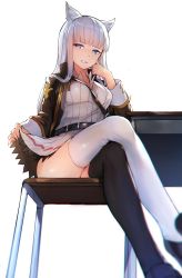 Rule 34 | 10s, 1girl, animal ears, asymmetrical legwear, bad id, bad twitter id, belt, between breasts, black thighhighs, blue eyes, blurry, breasts, clothes lift, coat, crossed legs, depth of field, granblue fantasy, highres, korwa, looking at viewer, medium breasts, mismatched legwear, orihi chihiro, silver hair, sitting, skirt, skirt lift, solo, thighhighs, white background, white thighhighs
