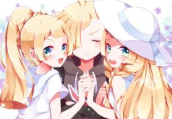 Rule 34 | 1boy, 2girls, bad id, bad twitter id, blonde hair, braid, brother and sister, closed eyes, creatures (company), dual persona, game freak, girl sandwich, gladion (pokemon), green eyes, hair over one eye, hat, holding hands, lillie (pokemon), long hair, multiple girls, mvls 7, nintendo, open mouth, pokemon, pokemon sm, ponytail, sandwiched, shirt, short hair, short sleeves, siblings, sleeveless, sun hat, twin braids, white hat, white shirt