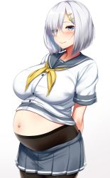 Rule 34 | 1girl, absurdres, arms behind back, blue eyes, blush, breasts, collarbone, grey skirt, hair ornament, hair over one eye, hairclip, hamakaze (kancolle), highres, kantai collection, kusahagane, large breasts, looking at viewer, maternity pantyhose, midriff, navel, pantyhose, pleated skirt, pregnant, sailor collar, school uniform, serafuku, short hair, short sleeves, silver hair, simple background, skirt, smile, solo, standing, upper body, white background